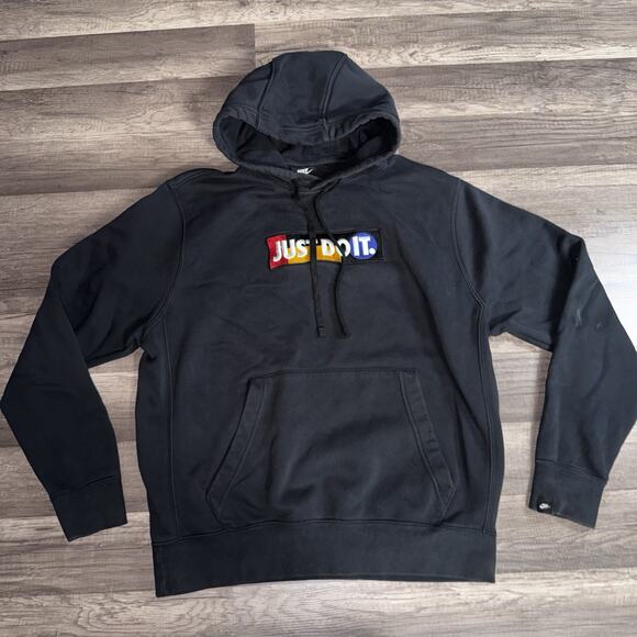 Nike Just Do It Box Logo Hoodie Black Men’s Size Large Pullover Sweatshirt - Picture 1 of 9